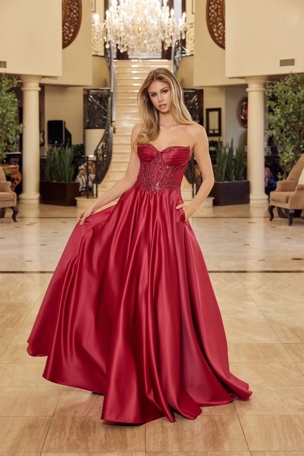 Burgundy Satin A-Line Prom Gown w/ Strapless Sweetheart Neckline NXY1798