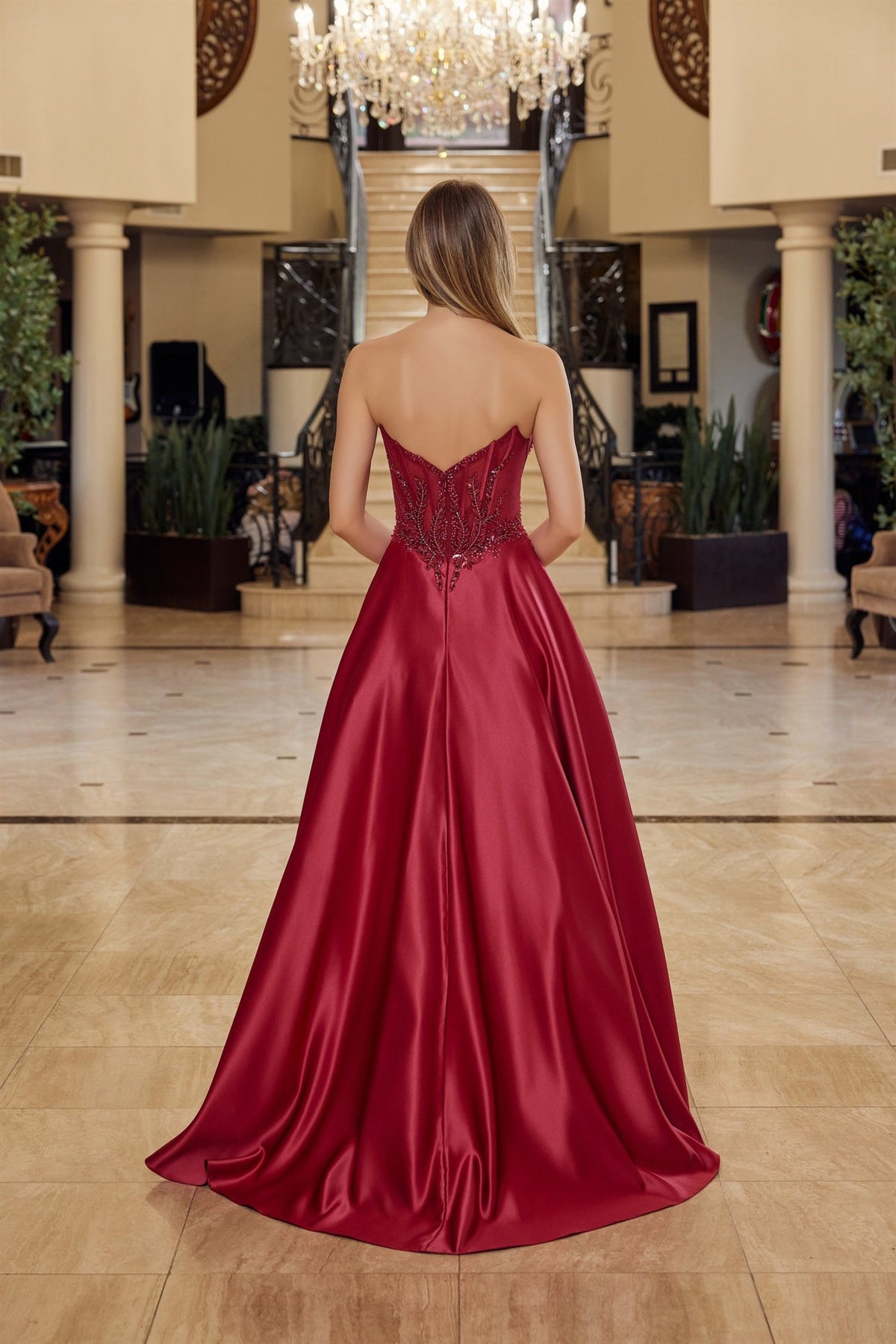 Burgundy Satin A-Line Prom Gown w/ Strapless Sweetheart Neckline NXY1798