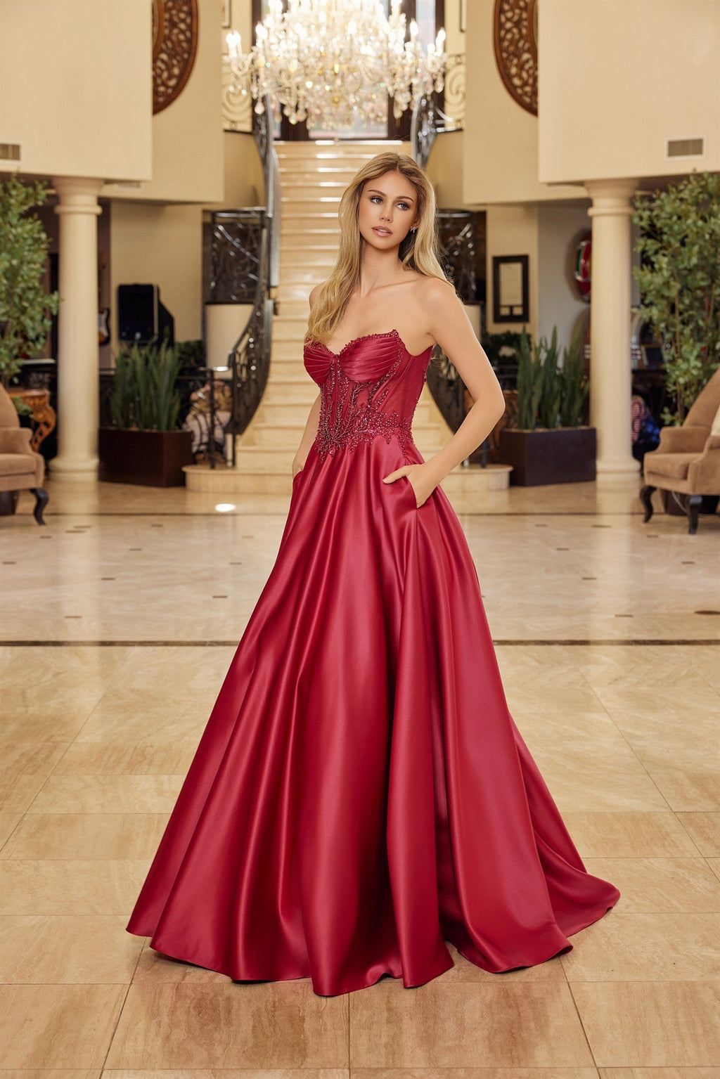 Burgundy Satin A-Line Prom Gown w/ Strapless Sweetheart Neckline NXY1798