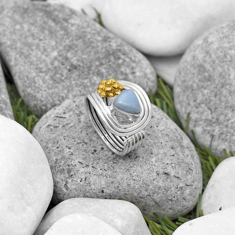 Two Tone Flower - Natural Angelite Ring size-8.5 R-1491 SDR194044